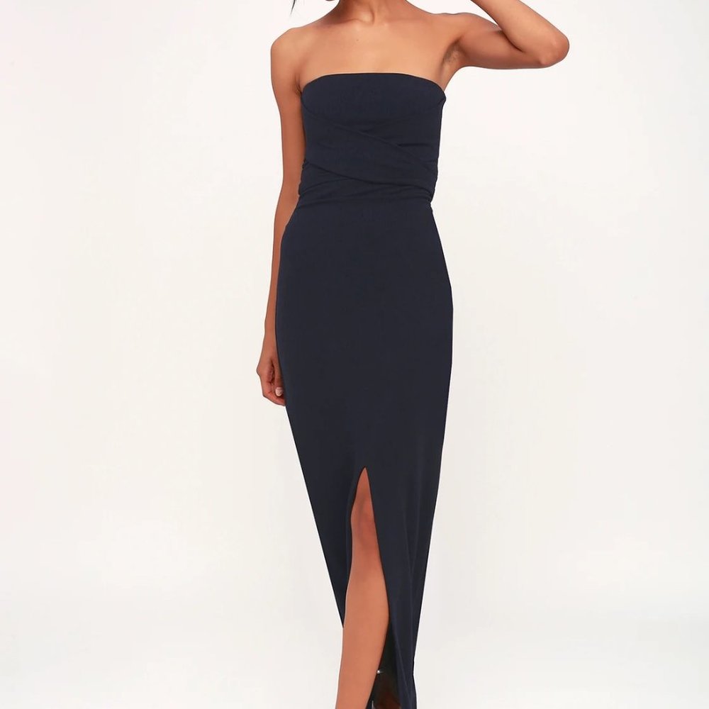 Own the Night Lulus Navy Strapless Maxi Dress